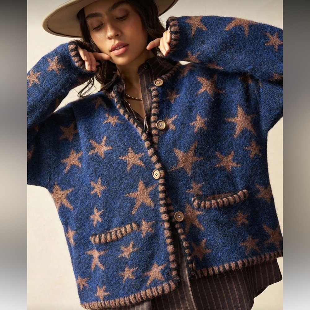 Star knit cardigan pocket Patterned Blue and golden Brown Women's Sweater